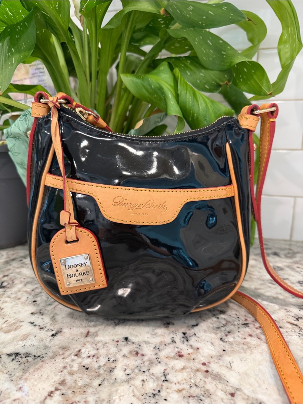 Dooney & Bourke Black Patent Crossbody with Tan Trim - Picture 4 of 15